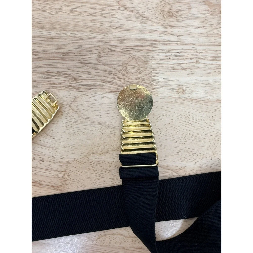 Vintage Gold Tone Wide Stretch Belt Faux Pearl‎ Buckle Black Elastic 1980's
